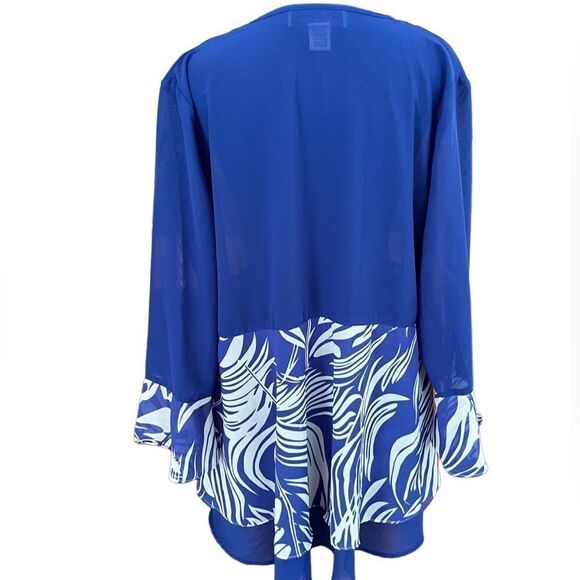 EY Boutique royal blue/white semi sheer open front tunic, ruffled sleeves sz XL - Picture 2 of 6